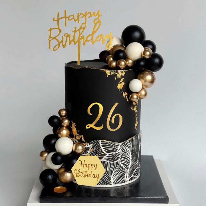 SONICEBUY 48Pcs Balls Cake Toppers Man Cake Decorations with Black Gold White Balls Acrylic Numbers 0-9 and Happy Birthday Cake Insert Toppers for Men Boy Black Theme Birthday Wedding Anniversary Party Supplies - Image 1